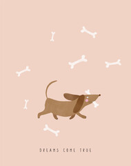 Wall Mural - cute vector print with happy brown dog and rain fo bones. dreams come true. funny dog ​​holding a bi