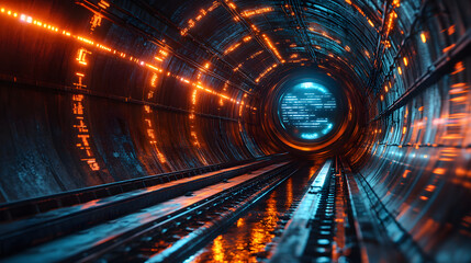 Poster - Futuristic tunnel with glowing lights and reflections creating a mesmerizing ambiance. Ideal for tech-themed projects.