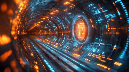 Poster - futuristic tunnel with glowing orange and blue lights creates a mesmerizing digital ambiance, ideal 