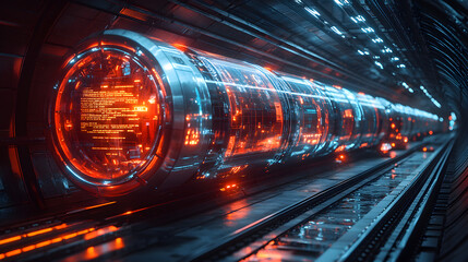 Poster - futuristic tunnel with glowing technology and vibrant lights, showcasing advanced transportation con