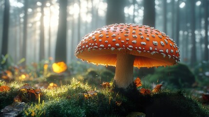 Wall Mural - Red Mushroom in a Sunlit Forest - Nature Photography