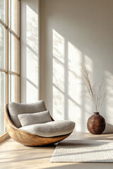 Wall Mural - Modern wooden chair with soft cushions in a bright room adorned with natural light and a simple vase