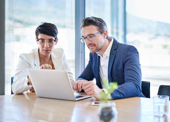 Poster - Office, teamwork and business people with laptop for feedback, planning or update website for company. Discussion, assistant and manager with digital for corporate research, project results or advice