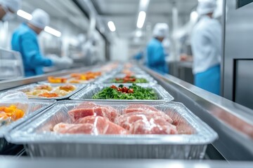 Sticker - A conveyor belt in a high-tech food processing plant efficiently moves freshly prepared meals through various packaging stations