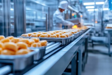 Sticker - A conveyor belt in a high-tech food processing plant efficiently moves freshly prepared meals through various packaging stations