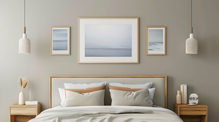 Wall Mural - Plain modern frame with a small 32 photo and white matt mount displayed in a stylish bedroom setting.