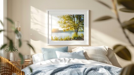 Wall Mural - Plain modern frame with a small 32 photo and white matt mount displayed in a stylish bedroom setting.