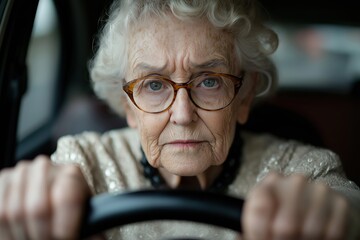 Poster - An elderly woman is driving a car and appears to be angry. She is wearing glasses and a white shirt