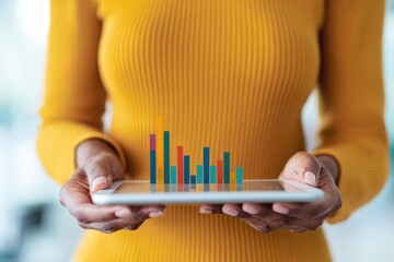 A woman in a yellow top holds a tablet displaying colorful bar graphs, symbolizing data analysis and digital insights, Business idea concept.