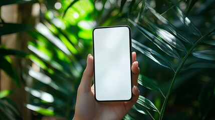 a hand holding a smartphone with a white screen in front of lush greenery
