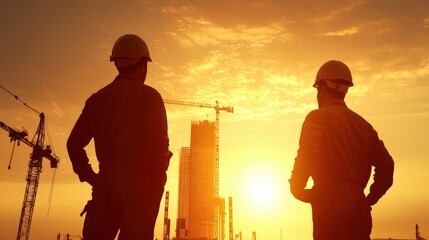 Wall Mural - Two men in construction gear stand in front of a building, looking at the sun