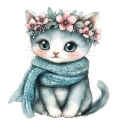 Sticker - Cute Kitten with Flowers.