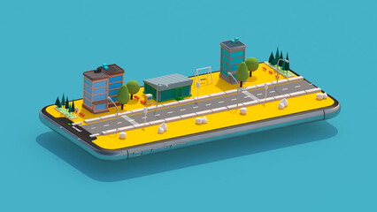 3D Rendered isometric city on mobile. Space for text. 4k