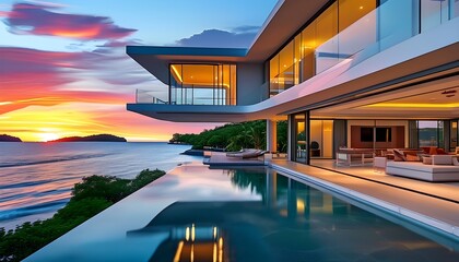 Wall Mural - Futuristic beachfront villa with expansive windows showcasing breathtaking ocean views at sunset on a tropical island