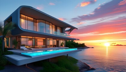 Wall Mural - Futuristic beachfront villa with expansive windows showcasing breathtaking ocean views at sunset on a tropical island