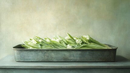 Poster - Fresh Green Tulips in Vintage Metal Tray