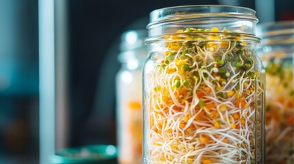 Fresh Sprouts in Glass Jars on Kitchen Counter