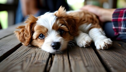 Wall Mural - Relaxed brown and white dog resting on wooden table with head on persons hand, showcasing comfort and companionship