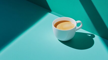 Canvas Print - A white cup of coffee sits on a light blue surface, beside a teal surface with shadows.