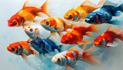 Dynamic dance of vibrant fish in motion against a crisp white backdrop, celebrating aquatic diversity and artistic expression