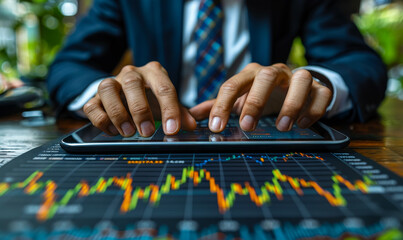 Poster - Professional businessman analyzing financial data on tablet - stock market graphs, economic reports, sales trends for business planning and investment strategy
