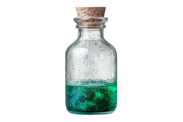 A small glass bottle filled with bubbling green liquid, sealed with a cork, isolated on a transparent background, PNG.