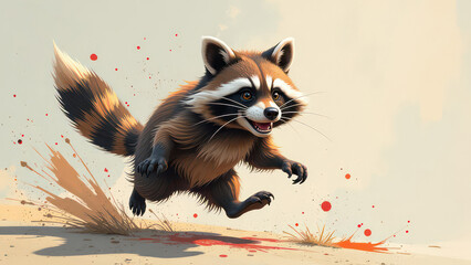 Raccoon runs forward with a smile and color paint blots on its sides