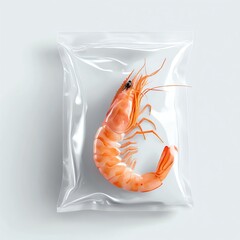 frozen shrimp in vacuumsealed pack, fresh seafood, clean minimalist design, isolated on white backgr