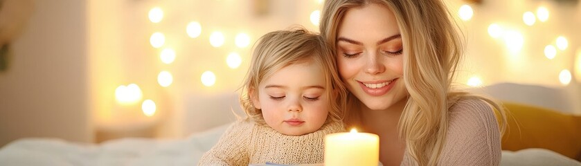 A woman and a baby are sitting on a bed with a candle in front of them