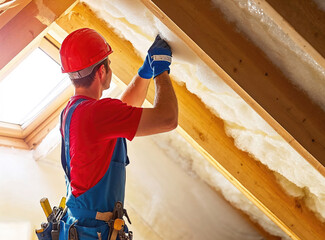 Construction worker installing thermal insulation material