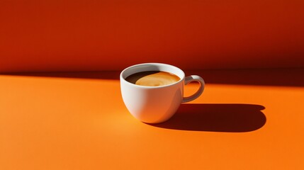 Wall Mural - A white mug of coffee sits on an orange background with a soft shadow.