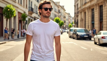 Stylish Man Walking in City:  A young man in a simple white t-shirt and sunglasses walks confidently down a bustling city street, showcasing a minimalist yet cool urban style.  