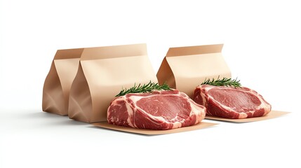 Fresh meat with rosemary and paper bags, white isolated background