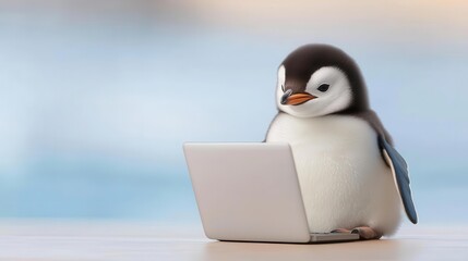 Penguin with laptop, white isolated background