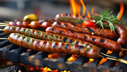 Sizzle and Smoke: A Feast of Sausages and Skewers on a Wooden Grill