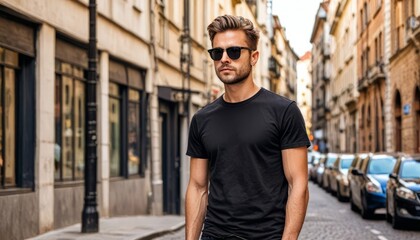 Stylish Man Walking in City: A handsome man with a confident gaze, walks down a city street in a simple black t-shirt and sunglasses. This stylish image is perfect for fashion blogs, magazines.