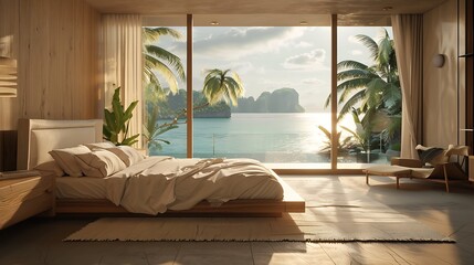 Wall Mural - Sophisticated bedroom on a terrace, featuring minimalist design and a stunning panoramic view of a tropical lagoon through a large window.