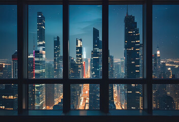 Wall Mural - office, short view from the window of a modern office from the top floor of a skyscraper at night, during the day, a large modern metropolis financial center