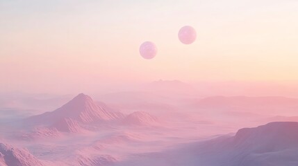 Pink sunset sky with mountains and balloons