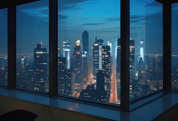 Wall Mural - office, short view from the window of a modern office from the top floor of a skyscraper at night, during the day, a large modern metropolis financial center