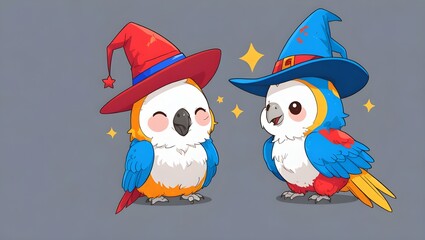 Cute Parrots Wearing Witch Hats