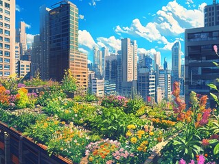 Close-up shot of a vibrant cityscape, urban gardens flourishing amidst steel and glass, bright blue sky above