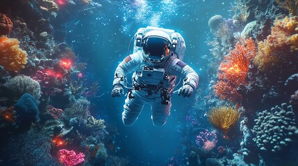 Astronaut exploring underwater coral reef