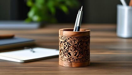 Elegant wooden pen holder with intricate design and two stylish pens enhancing desk aesthetics