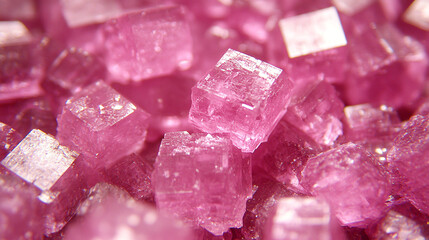 Close-up of vibrant pink crystalline sugar cubes, showcasing their unique texture and color, perfect for food styling and culinary art.