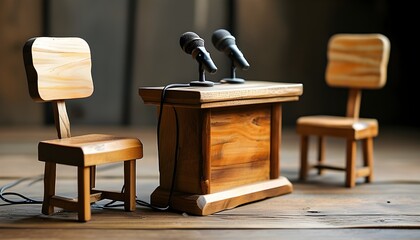 Wall Mural - Presentation setup featuring a wooden podium, microphone, and two chairs ready for a discussion or event