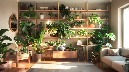 Wall Mural - Stylish room interior featuring various potted plants strategically arranged to create a fresh and inviting atmosphere