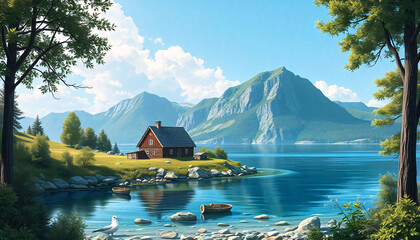 Illustration of a Scandinavian landscape with old house on shore of beautiful clean waters and beautiful nature with blue sky