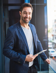 Canvas Print - Office building, balcony and portrait of businessman with tablet for investment, research or finance news. Stock broker, happy and face with tech for online exchange report, email or digital feedback