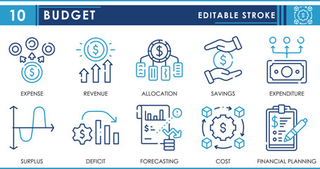 Leinwandbilder - A set of line icons related to Budget. Revenue, allocate, finance, economics, saving, expense, and so on. Vector editable stroke.